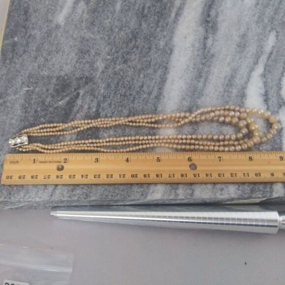 Vintage Three Strand Graduated Faux Pearl Necklace with Rhinestone Box Clasp - Picture 4 of 5